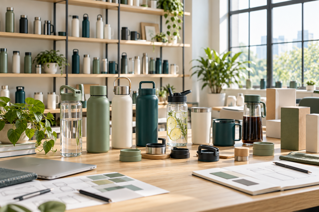 Illustrative drinkware sample studio with reusable bottles and packaging concepts