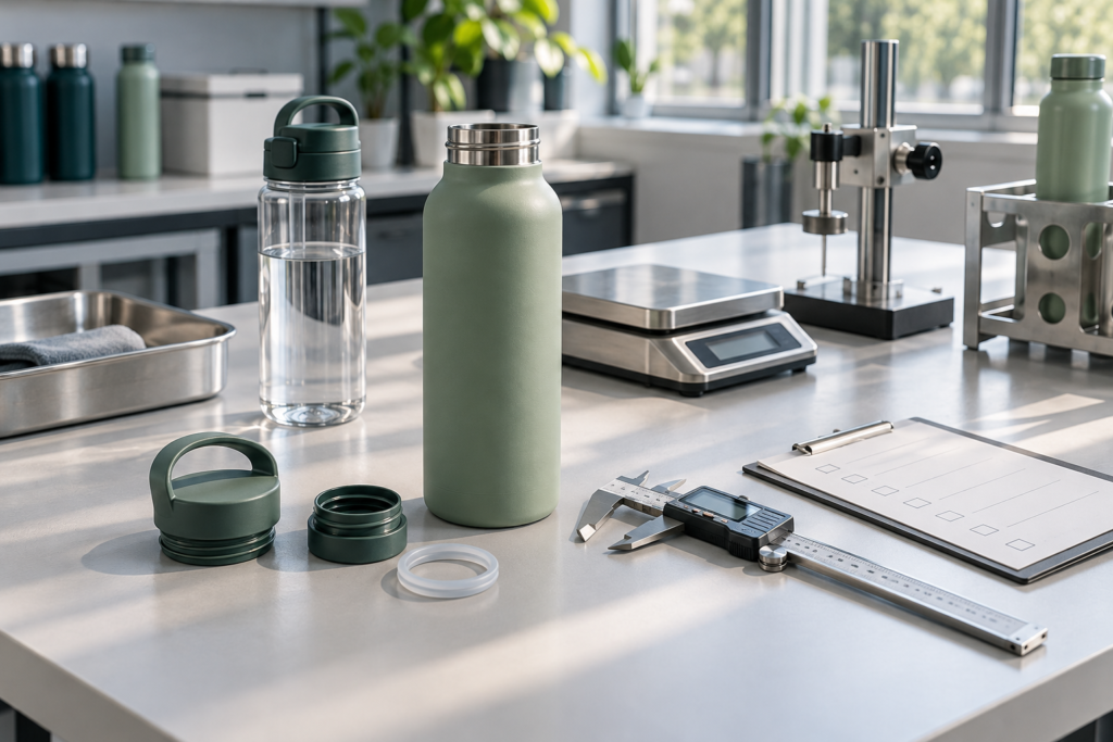 Illustrative bottle inspection workbench with lid components and measurement tools